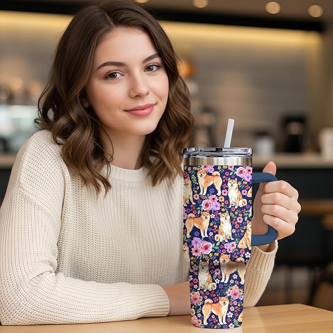Yogusut Shiba Inu Gifts for Women, 40oz Stainless Steel Insulated Tumbler Travel Mug Cup with Handle Straw, Gifts for Dog Mom Dog Lover