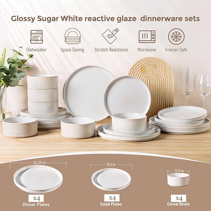 GBHOME Stoneware Dinnerware Sets for 4, Round Reactive Glaze Ceramic Plates and Bowls Set, Highly Scratch Resistant | Dishwasher & Microwave Safe 竊똕ervice for 4(12Pcs),Sugar White