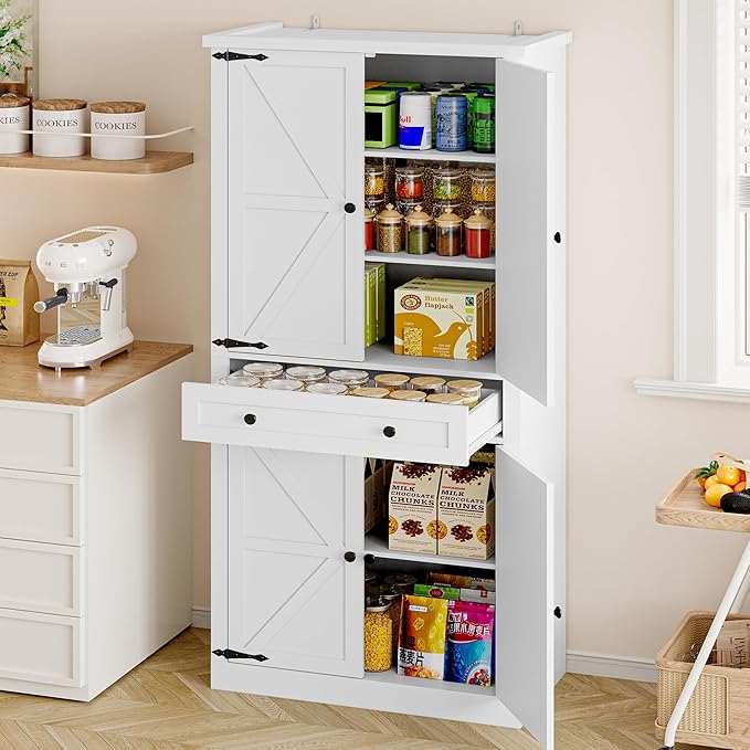Pantry Organizers and Storage Cabinet, 70??Barn Door White Kitchen Cabinet with Drawers and Adjustable Shelf, Tall Pantry for Kitchen, Dining Room, Living Room Bedroom