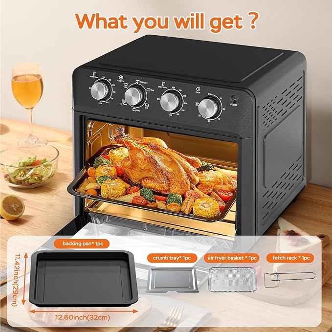27.5QT 6-in-1 Air Fryer Toaster Oven Extra Large Dropdown-Door 6-Slice Convection Oven for Air Frying, Baking, Roasting, Broiling & Grilling, Stainless Steel Housing, Black