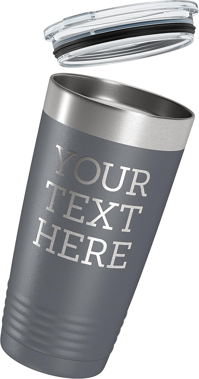 Personalized 20oz (17 Colors) Powder Coated Insulated Stainless Steel Tumbler with Lid, Custom Etched, Customized Text Message Name, Engraved Gift Idea Women Men Him Her, Your Text Here (Gray)