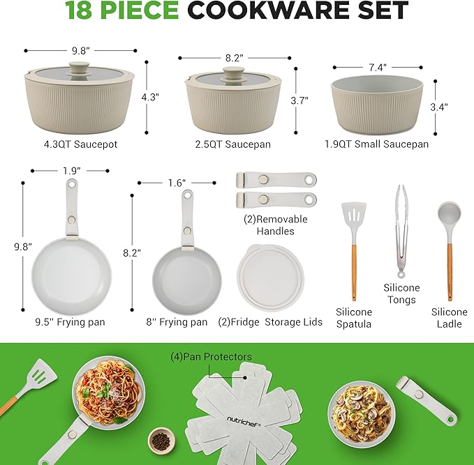 NutriChef 18-Piece Ceramic Cookware Set with Detachable Handles, Non Stick Pots and Pans, PTFE-Free Natural Ceramic Coating, Space-Saving Design, Oven & Stove Safe, Includes Utensils, Green