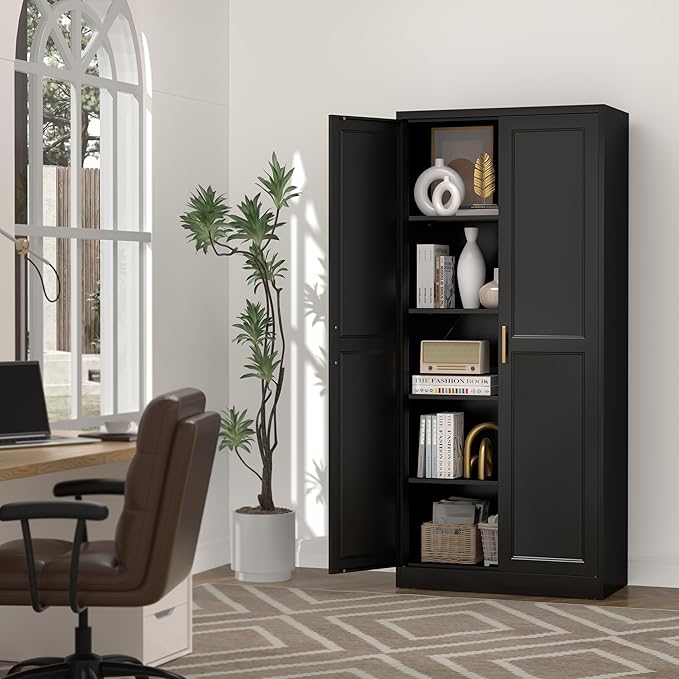 71" Kitchen Pantry Cabinet, Pantry Storage Cabinet with Doors and 4 Shelves, Metal Storage Cabinets for Kitchens, Living Room, Dinning Room, Assembly Required, Black
