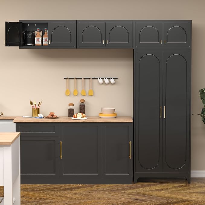 Kitchen Pantry Cabinet, 90" Tall Metal Pantry Cabinet, Food Cupboards with Doors and Shelves, Freestanding Storage Cabinets for Dining, Living Room, Black,16"D x 32"W x 90"H, Assembly Required
