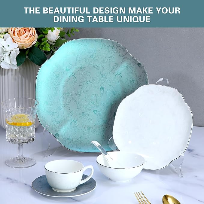 24 Piece Porcelain Dinnerware,Bone china Set for 4, Plates and Bowls Sets With exquisite Handmade Green Floral,Highly Chip and Crack Resistant | Oven & Dishwasher (Green + Floral)