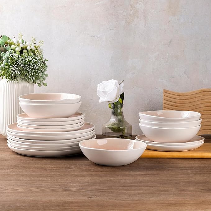 AmorArc Ceramic Dinnerware Sets,Handmade Reactive Glaze Stoneware Plates and Bowls Sets,Highly Scratch Resistant | Dishwasher & Microwave Safe Dishes Set,Service for 8 (24pc)-Pink