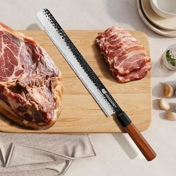 FINDKING Brisket Slicing Knife 12 Inch, Sharp Carving Knife for Meat, BBQ, High Carbon Steel Blade, African Rosewood Octagonal Handle (Dynasty Series)