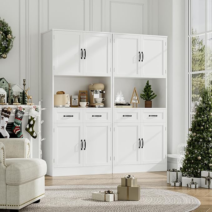 HOSTACK 71??Tall Kitchen Pantry Storage Cabinet, Modern Kitchen Hutch Bar Cabinet with Microwave Stand, Wood Buffet Sideboard with Hutch, Cupboard with Drawers, Shelves for Dining Room, White