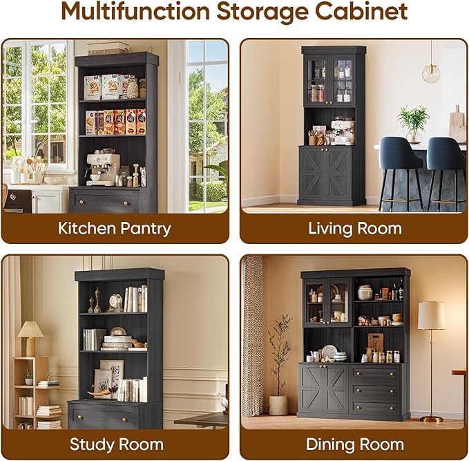 71" Tall Farmhouse Kitchen Pantry, Large Storage Cabinet with Drawers, Freestanding Coffee Bar Hutch with Microwave Stand, Adjustable Shelves for Kitchen, Living Room, Black 4 Pcs