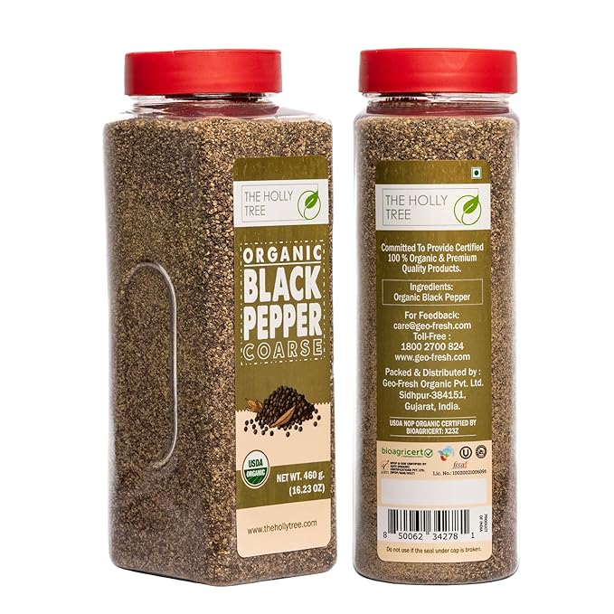 Organic Black Pepper Coarse - 16.2 oz Glass Jar - USDA Certified Organic, Non-GMO, Kosher & Gluten-Free - Premium Coarsely Ground Black Pepper for Cooking, Seasoning & Finishing - The Holly Tree