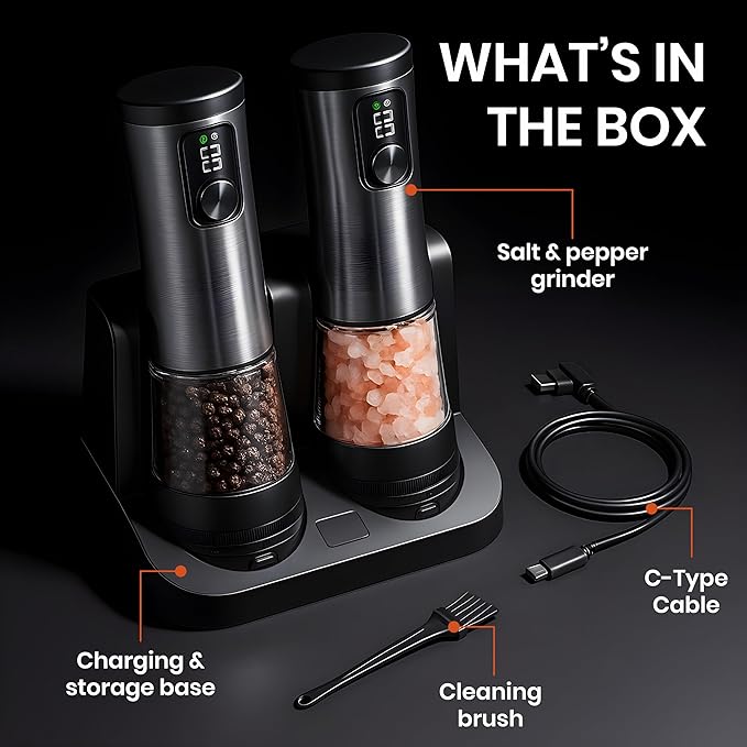 Electric Salt & Pepper Grinder Set ??Automatic Battery Operated Shakers, 5-Level Adjustable Coarseness, Dual Speed, USB Rechargeable, Large Capacity, Ideal Housewarming Gift (Stainless Steel)