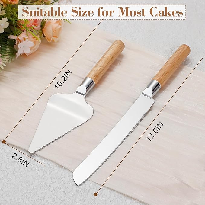 Cake Cutting Set for Wedding, Wood Cake Knife and Server Set, Vintage 2-Piece Pie Cutter Serving Set, Serrated Pizza Dessert Utensils, Bridal Anniversary Birthday Quincea챰era Gift