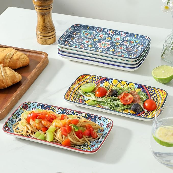 glowworm Porcelain Appetizer Plates Set of 6, 8.5 Inch Rectangular Salad Plates for Sushi, Dessert, Christmas Serving Platters, Serving Tray for Party, Microwave & Oven Safe, Bohemian