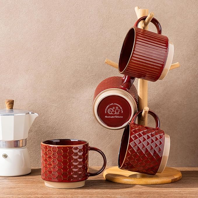 GBhome 12 OZ Stackable Coffee Mugs, Ceramic Coffee Mugs with Texture Patterns for Man,Woman,Dad,Mom, Modern Coffee Mugs Set of 4 for Latte/Cappuccino/Cocoa. Dishwasher&Microwave Safe