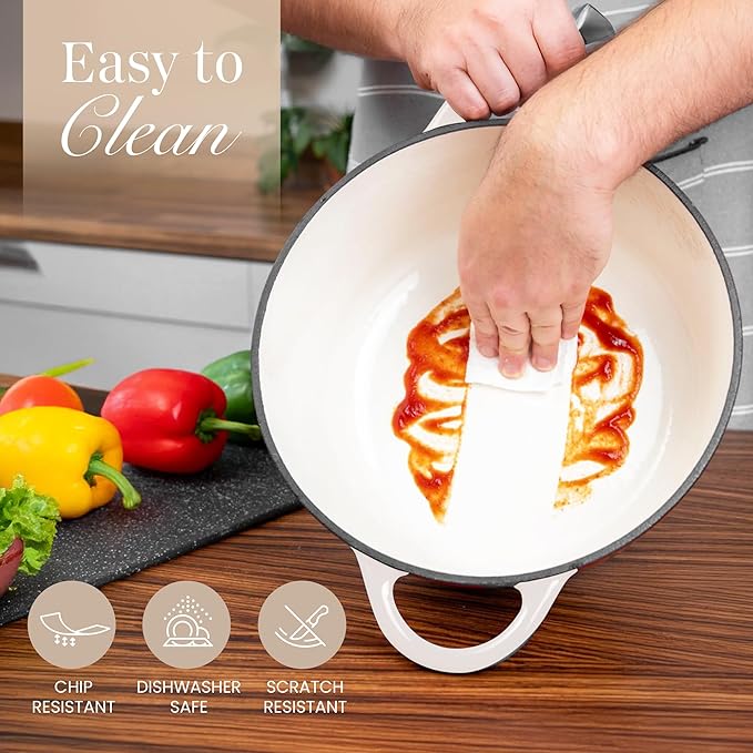 Nuovva Enamelled Cast Iron Dutch Oven Pot with Lid 6.4 Quart Non Stick Casserole Pot ??Heavy Duty & Oven Safe up to 500째 F for Bread Baking, Braising, Stews, Roasting ??28cm Oyster