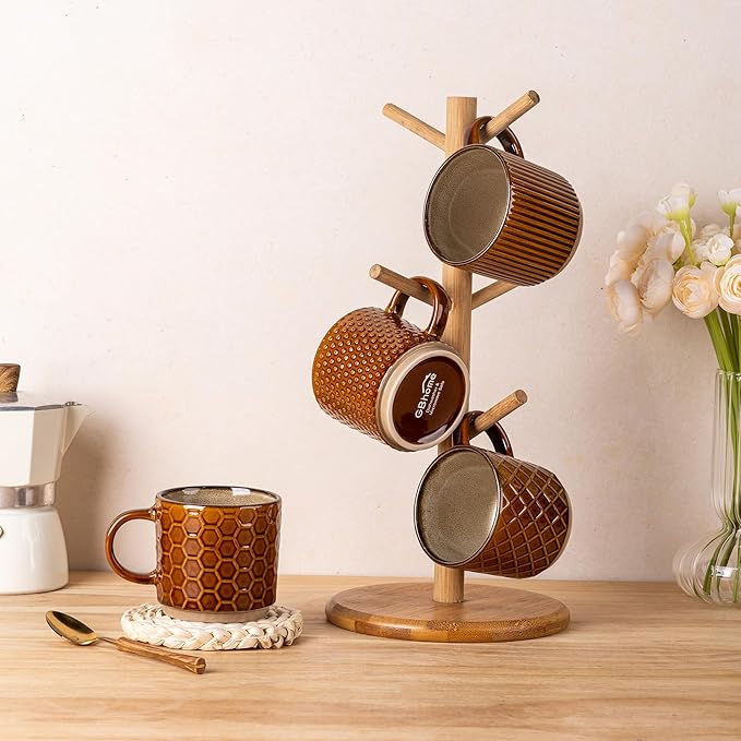 GBhome 6 OZ Stackable Coffee Mugs, Ceramic Coffee Mugs with Texture Patterns for Man,Woman,Dad,Mom, Modern Coffee Cups Set of 4 for Espresso/Cappuccino. Dishwasher&Microwave Safe,