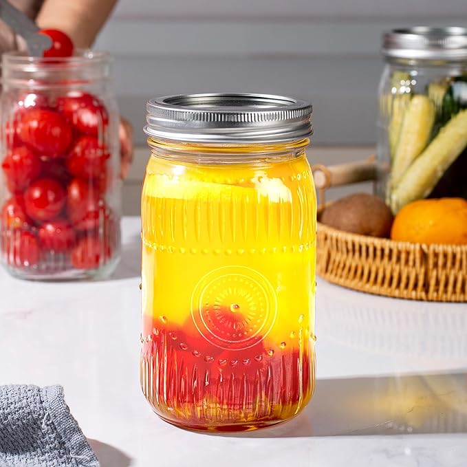 Amzcku 32oz Vintage Mason Jars with Lids, Wide Mouth Quart Canning Jar 12 Pack