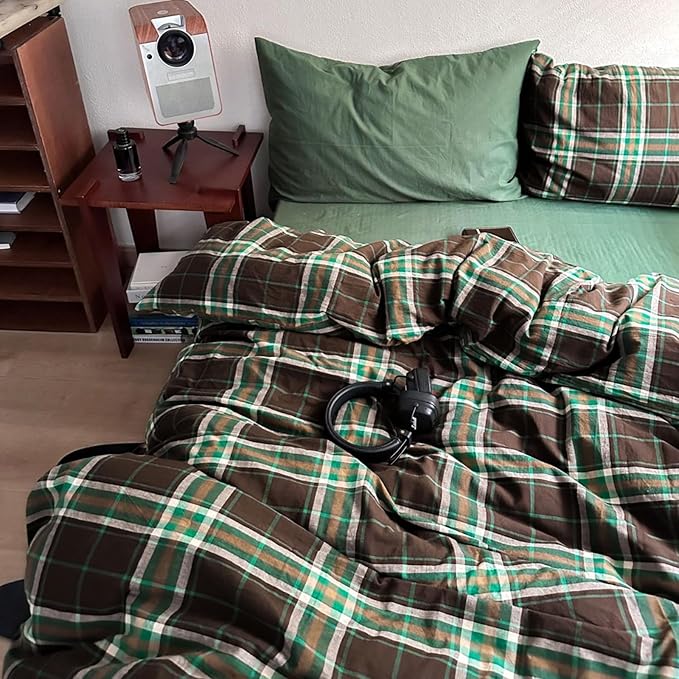 LifeTB Brown Green Plaid Comforter Set Twin XL, Modern Style 3 Pieces Grid Comforter with 2 Pillowcases, Vintage Plaid Checkered Comforter for All Seasons, Breathable Soft Fluffy Gingham Bedding Set