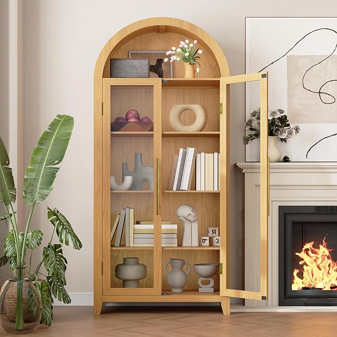 Vlsrka 71" Arched Storage Cabinet with Doors, Display Cabinet with LED Light & Human Sensor, 5-Tier Display Cases for Collectibles, Curio Cabinet with Ajustable Shelf for Living Room(Wood)