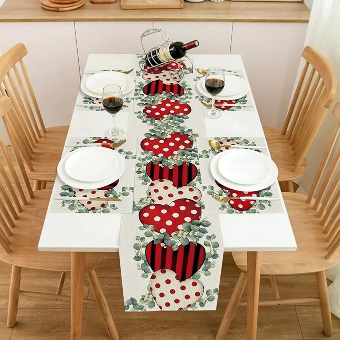 Valentines Day Table Runner 13x72 Inch, Eucalyptus Hearts Valentine Table Runner, Anniversary Home Kitchen Dining Table Holiday Party Decorations