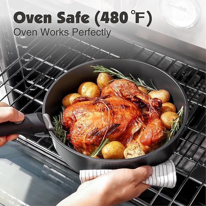 SENSARTE 17 Piece Pots and Pans Set, Nonstick Detachable Handle Cookware Set, Induction Kitchen Cookware Set with Removable Handle, Healthy Non Stick for RV, Dishwasher 竊?Oven Safe, PFOA Free (Black)