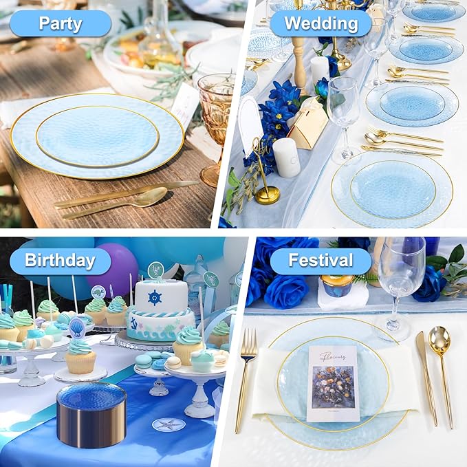 Rubtlamp 60 Pcs Blue Gold Plastic Plates, Hammered Plastic Dessert/Salad Plates, 7-Inch Blue Dessert Platos,Appetizer Platos Disposable Perfect For Wedding