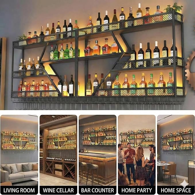 Liquor Bottles Bar Shelves Wall,Metal Bar Shelves Wall Mounted,Wall Mounted Wine Rack with LED Light with Glasses Holder, for Dining Room Home Cellar Industrial Iron Frame for Kitchen (Black, 79in)