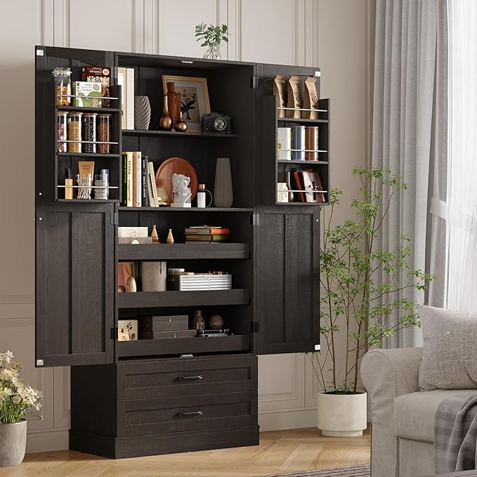 ONBRILL 71" Tall Farmhouse Kitchen Pantry Cabinet with 3 Pull Out Shelves & 2 Large Drawers, Pantry Storage Cabinet with 6 Door Shelf & Adjustable Shelf, Freestanding Cupboard for Kitchen, Dining Room