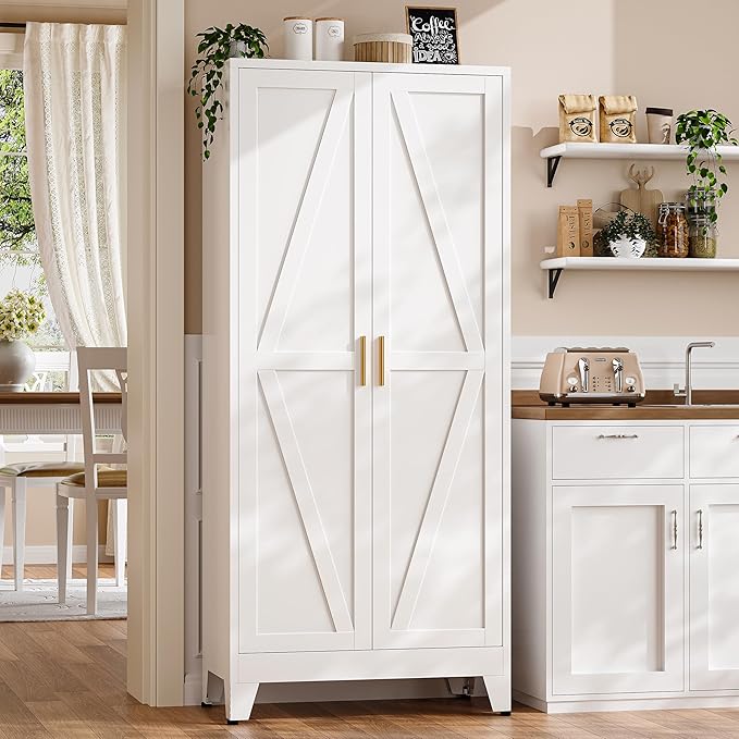 71" H Metal Storage Cabinet,White Pantry Cabinets with Doors and Shelves,Tall Food Kitchen Cabinets,Farmhouse Kitchen Cabinet,Freestanding Cabinet