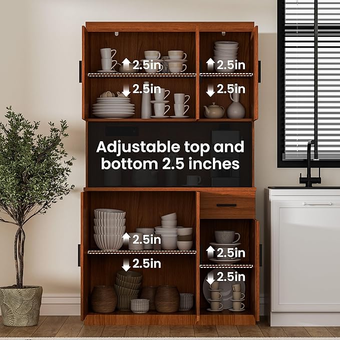 71 Inch Rustic Brown Pantry Cabinet with Power Outlet, Heavy-Duty Freestanding Kitchen Storage Organizer with Reinforced Frame, Pantry Hutch for Kitchen, Dining Room, Living Room