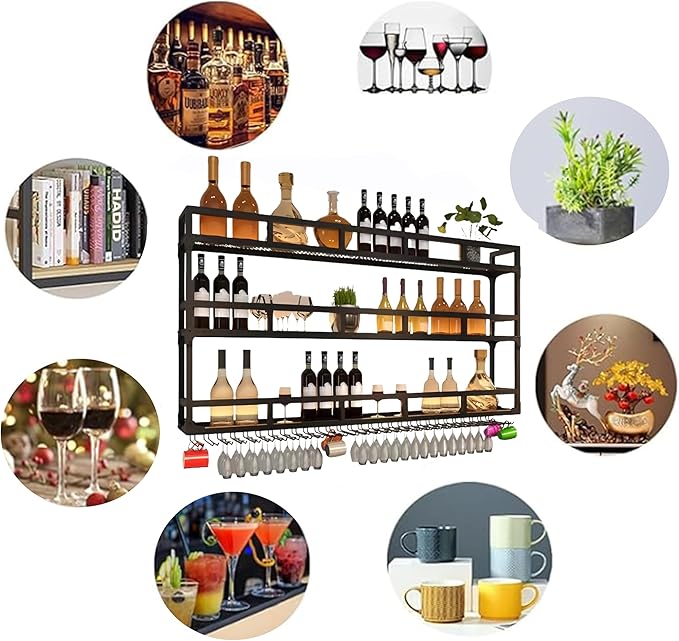 39 Inch Metal Wine Rack Wall Mounted, Bar Shelves Wall Mounted with LED Light, Large 3-Tier Liquor Bar Display Shelf with Wine Glasses for Home Bars, Dining Room & Kitchen, Gold