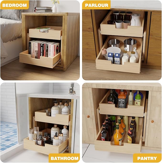 Pull Out Cabinet Organizer, 26''W횞21''D횞16''H Soft Close Slide Out Wooden Pull out Drawers, Double Tier Slide out Wood Cabinet Organizer, for Base Cabinet Organization in Kitchen, Pantry, Bathroom