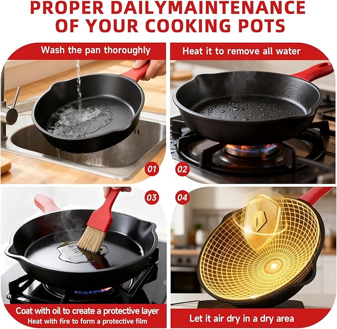 3 piece set, cookware set 6, 8, 10 Inches, for frying, saute, cooking, pizza & more, easy use in the oven, stove, grill, or campfire, black, with silicone heat-resistant cover