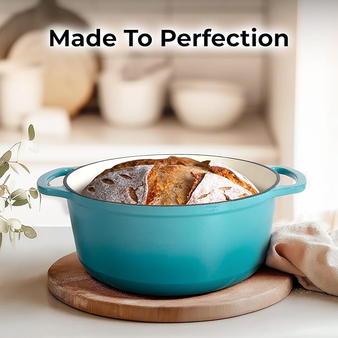 Zulay Kitchen 6 Quart Enameled Cast Iron Dutch Oven with Lid ??Premium Durability & Oven Safe up to 500째F ??Heavy Duty Cookware Perfect for Bread Baking, Stews, Braising & Roasting ??Light Blue