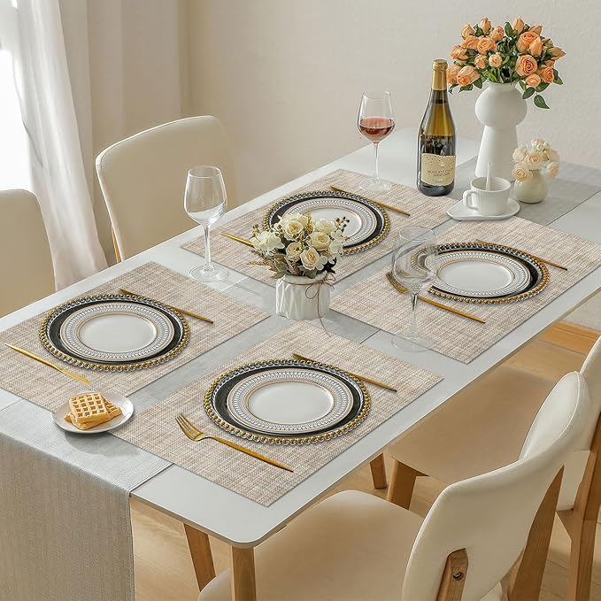 LANDVIEW Vinyl Placemats Set of 4, PVC Woven Washable Non-Slip Table Mats, Heat Resistant Wrinkle Free Place Mats for Dining Table, Easy to Clean (4, Caramel)