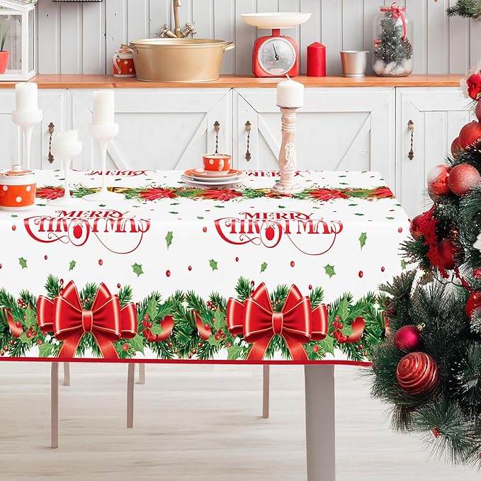 QZYL 4 Pack Christmas Table Cloths, 54" x 108" Xmas Decorations, Poinsettia Bow Design Christmas Plastic Tablecloth Holiday Disposable Tablecover, Holiday Party Decor Xmas Table Decor