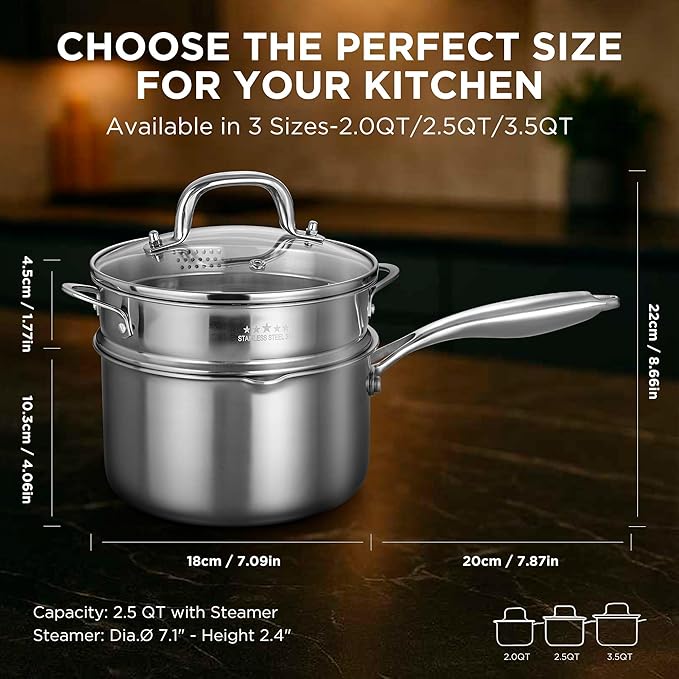 Tri-Ply Stainless Steel Sauce Pan with Steamer Basket & Straining Glass Lid??2-in-1 Multi-Function Pot for Steaming, Boiling & Simmering ??Healthy, Durable, Rust-Resistant, Professional-Grade Cookware