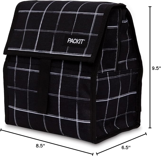 PackIt짰 Freezable Lunch Bag, Black Grid, Built with ECOFREEZE짰 Technology, Foldable, Reusable, Zip and Velcro Closure with Buckle Handle, Designed for Work Lunch and Fresh Lunch On the Go