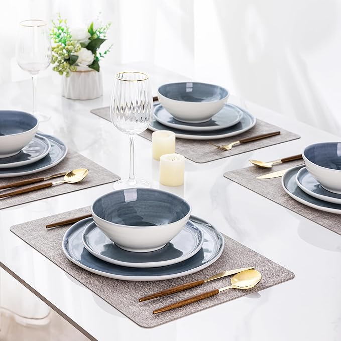 LERATIO Ceramic Dinnerware Sets for 4,Porcelain Plates and Bowls Sets with Wavy Edge,Microwave & Dishwasher & Oven Safe,Light Weight & Scratch Resistant Dishes Sets-Service for 4-Jean blue (12pcs)