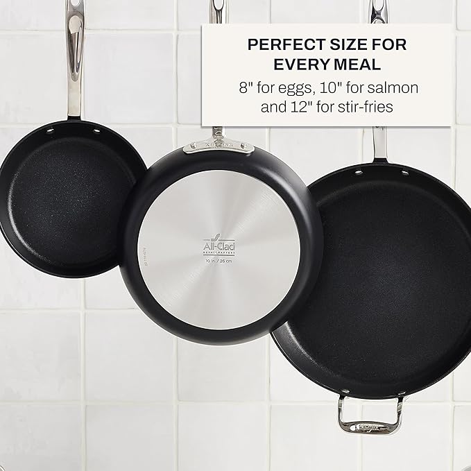 All-Clad HA1 Hard Anodized Nonstick Fry Pan Set ??3-Piece Cookware, 8", 10", 12" Skillets with Lid, Induction Compatible, Oven Safe to 500째F, Lid Safe to 350째F, Black