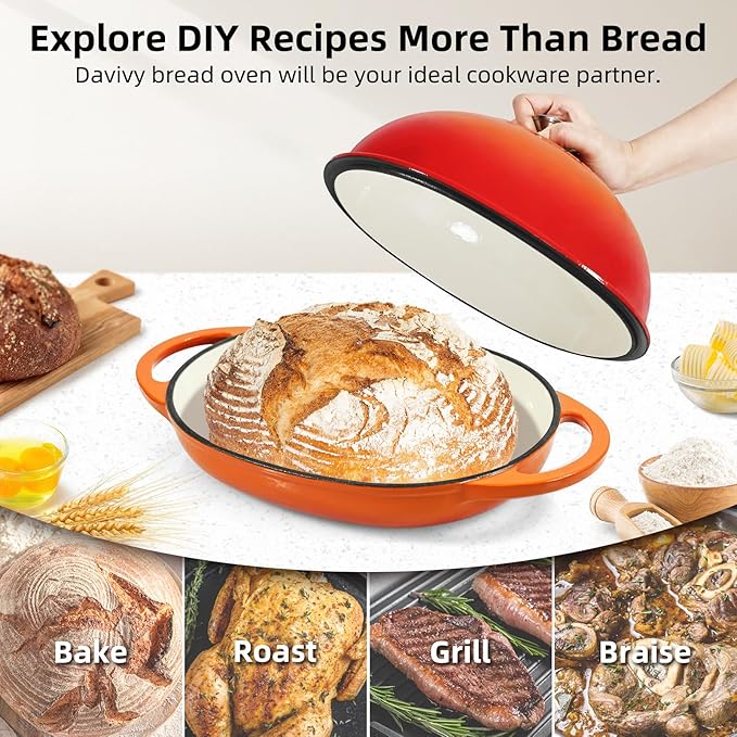 Davivy 6QT Oval Cast Iron Sourdough Dutch Oven with Silicone Baking Mat, Dutch Oven for Sourdough Bread, Non-stick Cast Iron Bread Cloche Bread Pan - Flame Orange