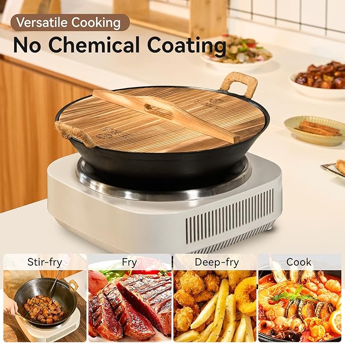 WANGYUANJI 13.4 Inch Cast Iron Wok with Wooden Lid and Iron Spatula, Flat Bottom Double-Handle Chinese Stir Fry Pan, Uncoated Cast Iron Wok for Induction, Gas and Electric Stoves