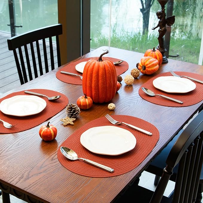 Noctiflorous Oval Braided Placemats Set of 6 Woven 12x18 Inch Non Slip Washable Heat Resistant Place Mats Round Tablemats for Dining Kitchen Party Daily Table Decor Dinner Mats (Solid Rust Orange, 6)