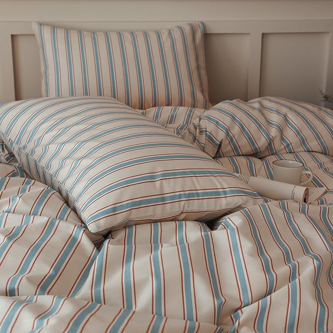 LifeTB Striped Comforter Set Twin XL Size, Fluffy Soft Blue Brown Stripes Pattern Printed Bedding Set, 3 Pieces Lightweight Bedding Comforter Set, Breathable Striped Bed Comforter with 2 Pillowcases