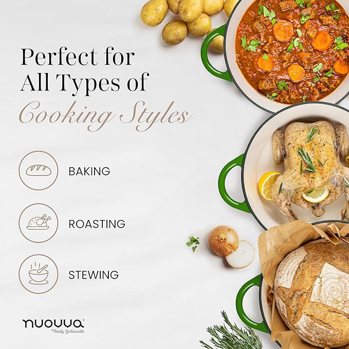Nuovva Enamelled Cast Iron Dutch Oven Pot with Lid ??6.4 Quart Non Stick Casserole Pot ??Heavy Duty & Oven Safe up to 500째 F for Bread Baking, Braising, Stews, Roasting ??28cm Green