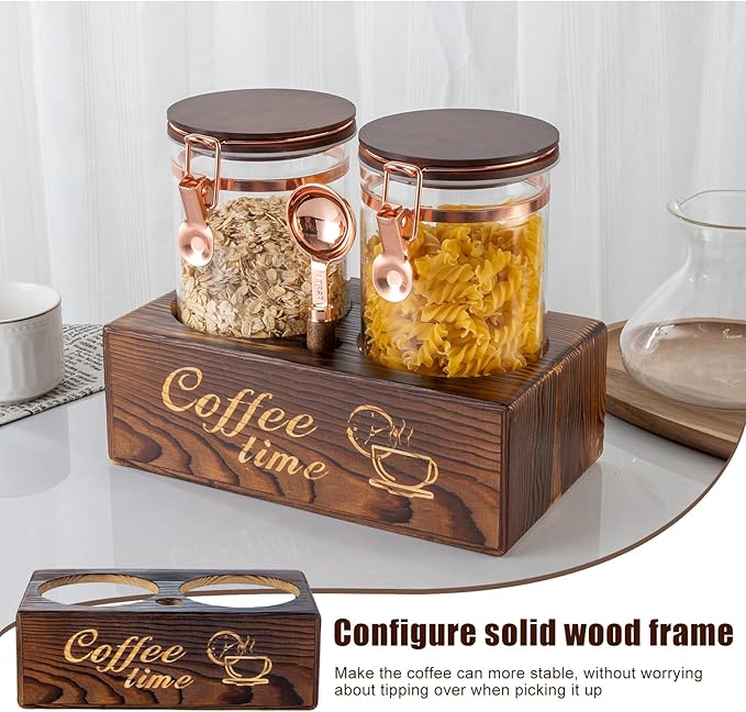 2-Piece Borosilicate Glass Coffee Storage Jars with Wooden Stand & Spoon - Airtight Sealed Containers for Coffee Beans, Ground Coffee, Tea - Clear Glass Canisters for Kitchen Countertop