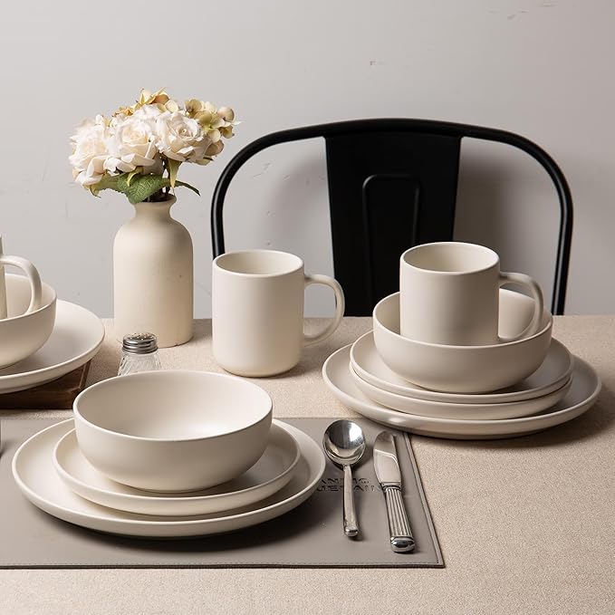 Furrnook 12-Piece Stoneware Dinnerware Set with Mugs | Microwave and Dishwasher Friendly | Stackable Matte Glaze Plates & Bowls | Service for 3 (White for 3)