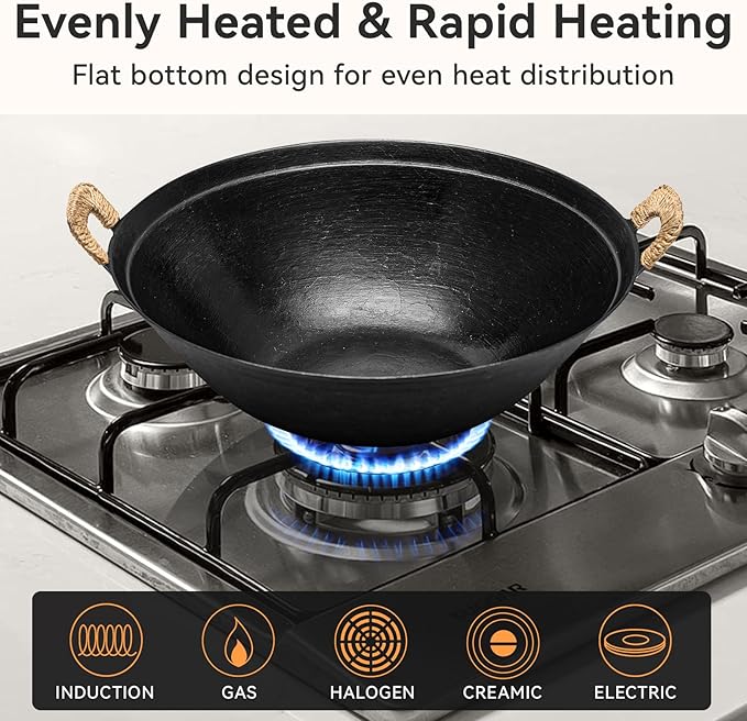 WANGYUANJI 14.2 inch Flat-Bottom Cast Iron Wok Pan with Lid, Dual Handles, Traditional Handcrafted Chinese Wok, Coating-Free, Not Pre-Seasoned ??Works with Induction/Gas/Ceramic Cooktops