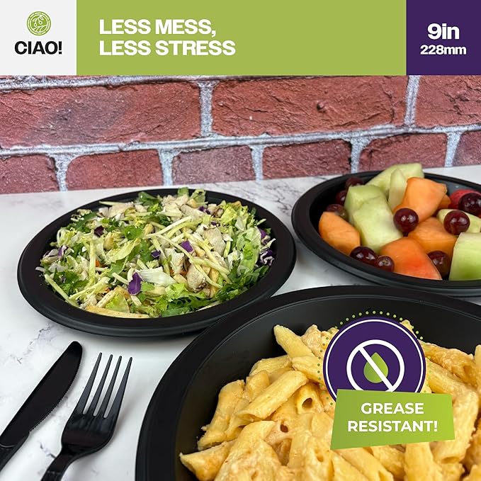 CIAO! 9" Black Heavy Weight Plastic Plate Mineral Filled Polypropylene MFPP (Case of 400)