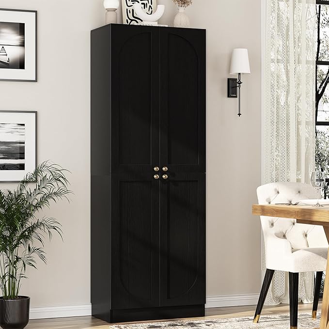 Cyclysio 80" Kitchen Pantry, Extra Tall Arch Storage Cabinet with 4 Doors and Adjustable Shelves, Freestanding Wood Cupboard with Seamless Fit Wall for Dining Living Room Bathroom Furniture (Black)